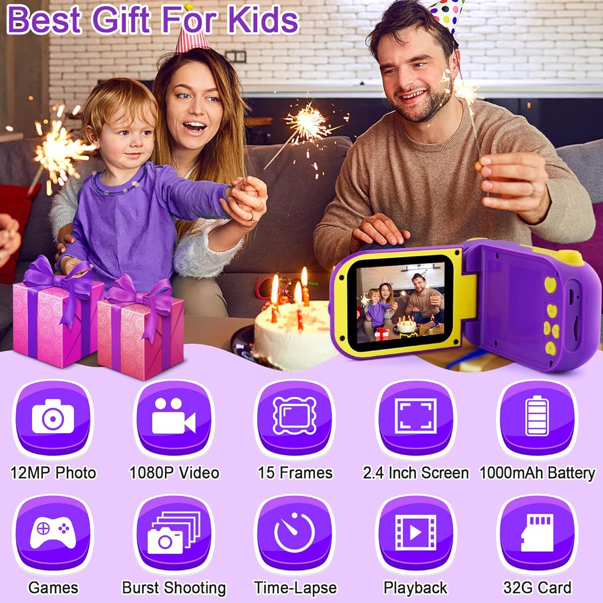 GKTZ Kids Video Camera - Digital Camera Camcorder Birthday Gift for Age 3 4 5 6 7 8 9 Girls Kids Video Recorder with 32GB SD Card - Purple