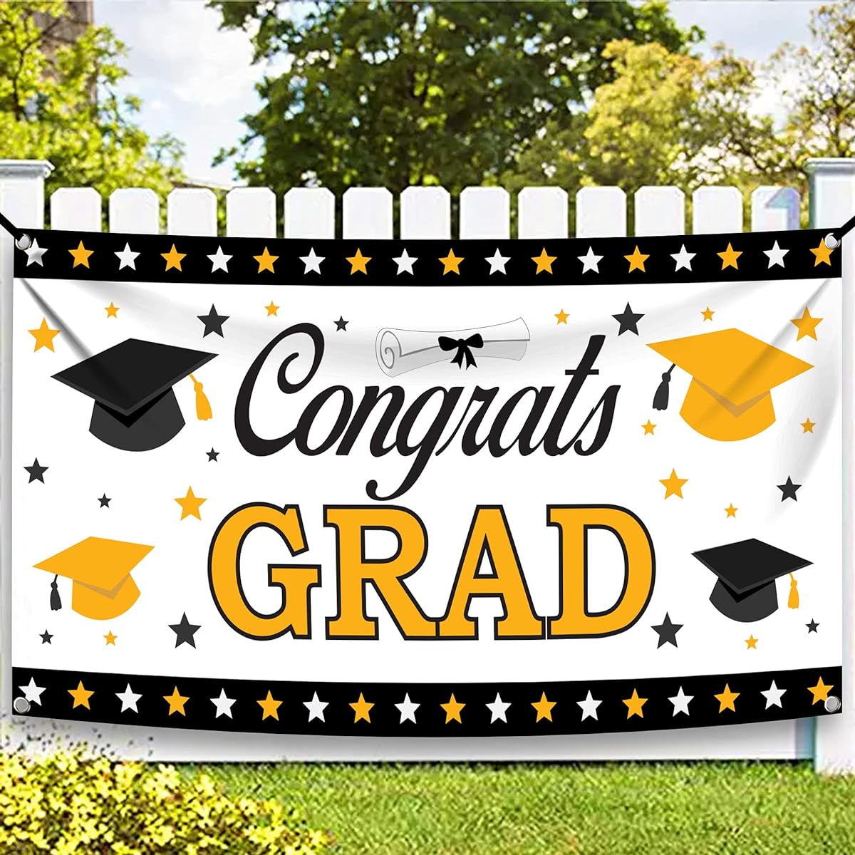 KatchOn White Congrats Grad Banner - XL 72x44 Inch | White Graduation Banner for Graduation Decorations Class of 2024 | Graduation Background Black and White Graduation Decorations 2024