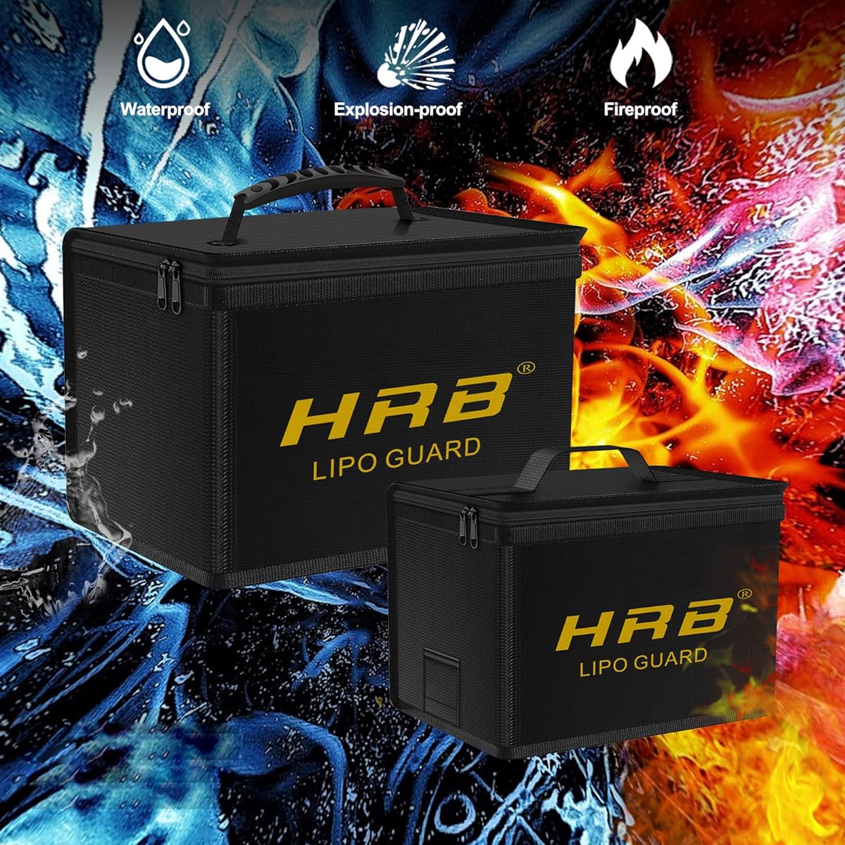 HRB Lipo Bags, Fireproof Lipo Safety Bags, Lipo Battery Bags, Large Capacity Lipo Battery Storage Guard Safety Pouch for Charging and Storage (2 Pack, Large and Small)