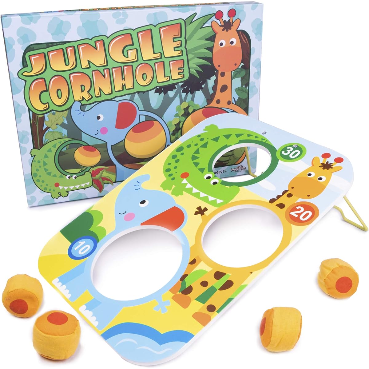 Jungle Cornhole Bean Bag Toss Game, Classic Kids Animal Toss Set, for Indoor or Outdoor Play, Develops Kids' Counting and Gross Motor Skills, Includes Board and 4 Throwing Bags
