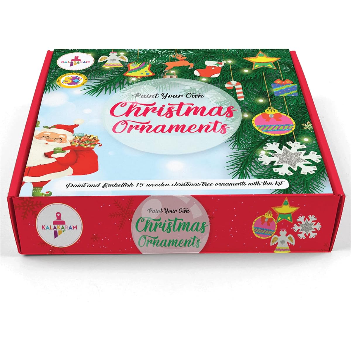 Kalakaram Christmas Ornament Painting Kit, Creative and Cheerful Christmas Kit for Ages 5 and Up, Set of 15 Ornaments, Christmas Gifts for Kids, Girls and Boys