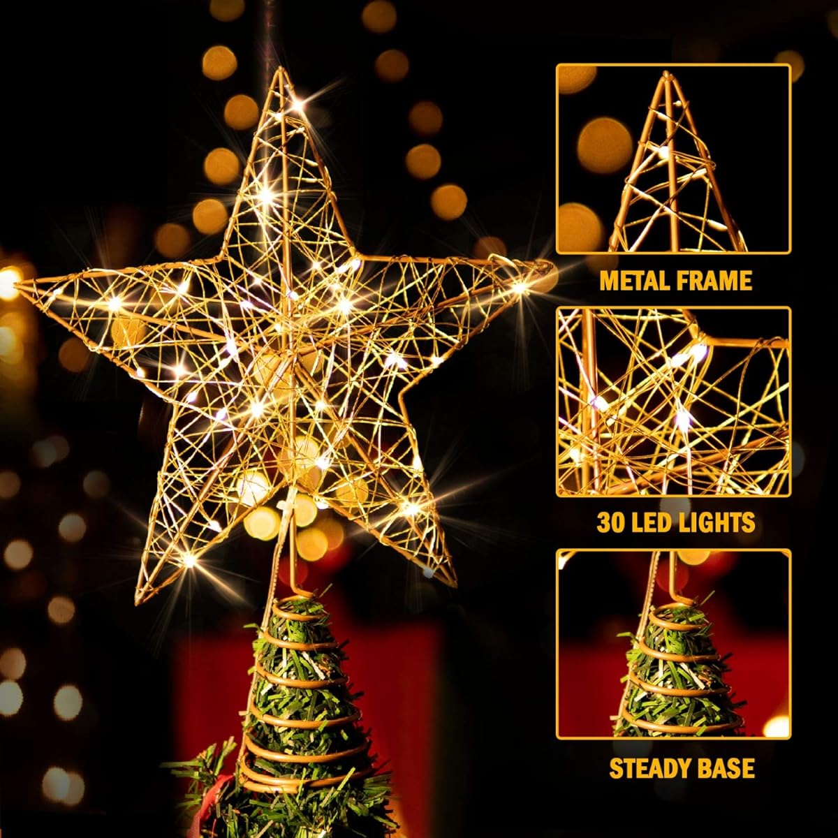 Rocinha Gold Christmas Tree Topper Star Lighted Tree Star Wire Star for Christmas Tree 10" Christmas Star Tree Topper with 30 LED Lights