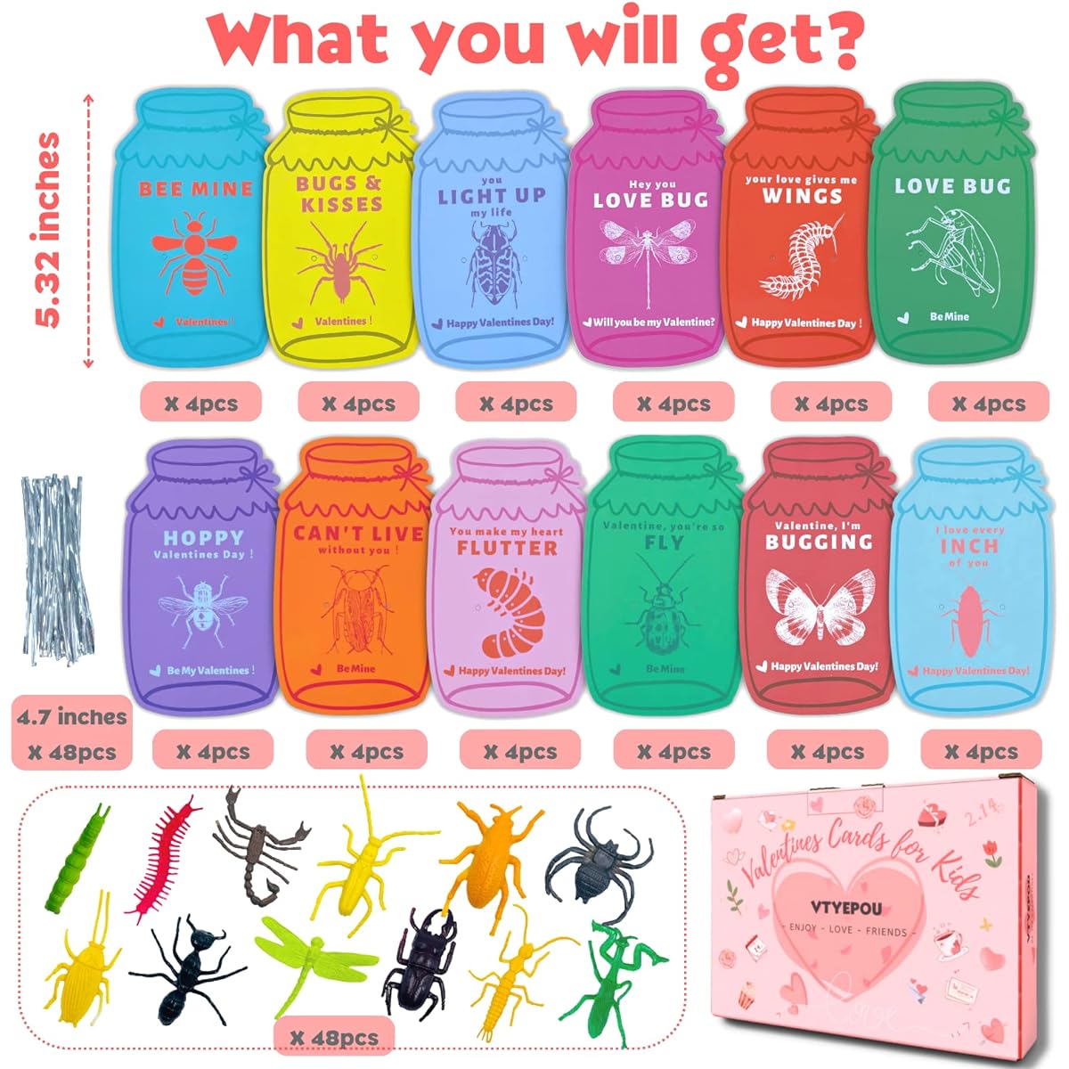 VTYEPOU Valentine Cards for Kids Classroom - 48 Pack Valentine's Day Classroom Exchange Gifts & Cards with Bug Toys - Happy Valentine Greeting Love Bug Cards for Boys Girls Kids Toddlers School Class