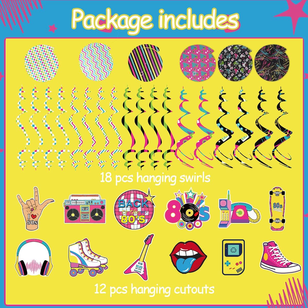 80's Party Birthday Decorations Back to The 80 Hanging Swirls Ceiling Streamers Throwback Retro 80s Theme 1980s Backdrop Party Decorations Supplies 30 Pieces