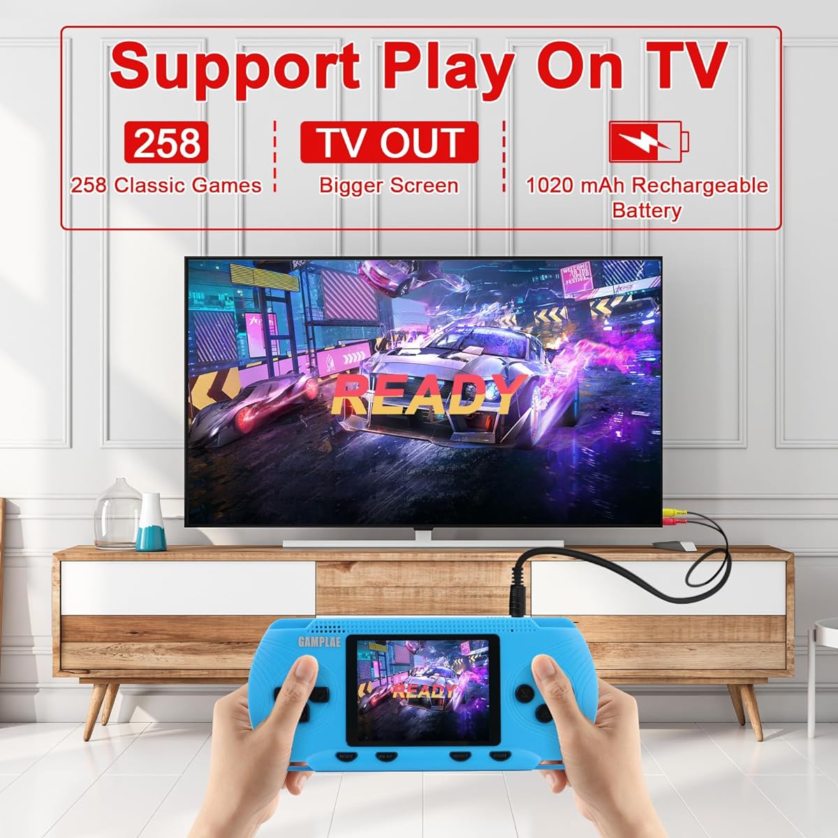 Handheld Game Console for Kids Video Games Retro Handheld Games Electronic Game Player 3.0 Inch Screen Built-in 258 Classic Games TV Output Rechargeable Arcade Game Blue