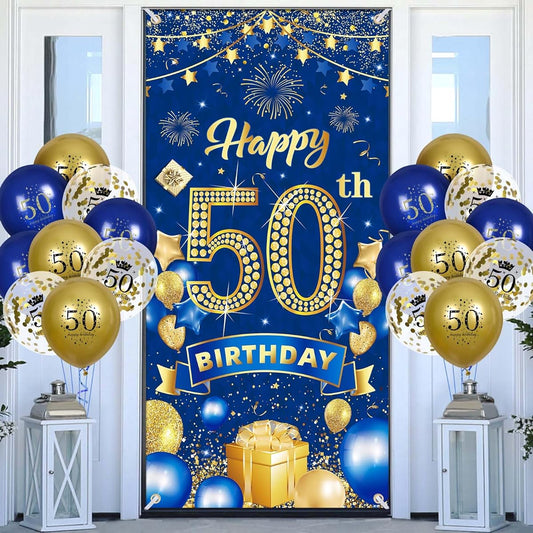 50th Birthday Party Decorations for Men, Navy Blue Gold Happy 50th Birthday Banner, 18pcs 50th Balloons, 50th Door Cover Backdrop, Unisex Birthday Anniversary Party Sign Pouch Decor Supplies