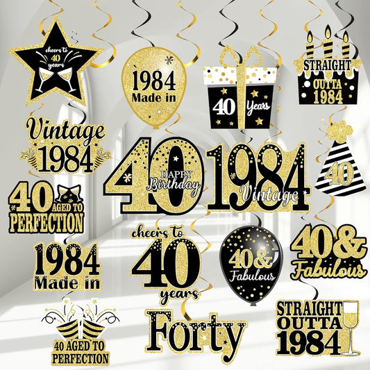 36pcs Black Gold 40th Birthday Unisex Party Decorations Vintage 1983 Hanging Swirls 40th Party Supplies Ceiling Hanging Decorations Birthday Anniversary Vintage 1983 Party Favors