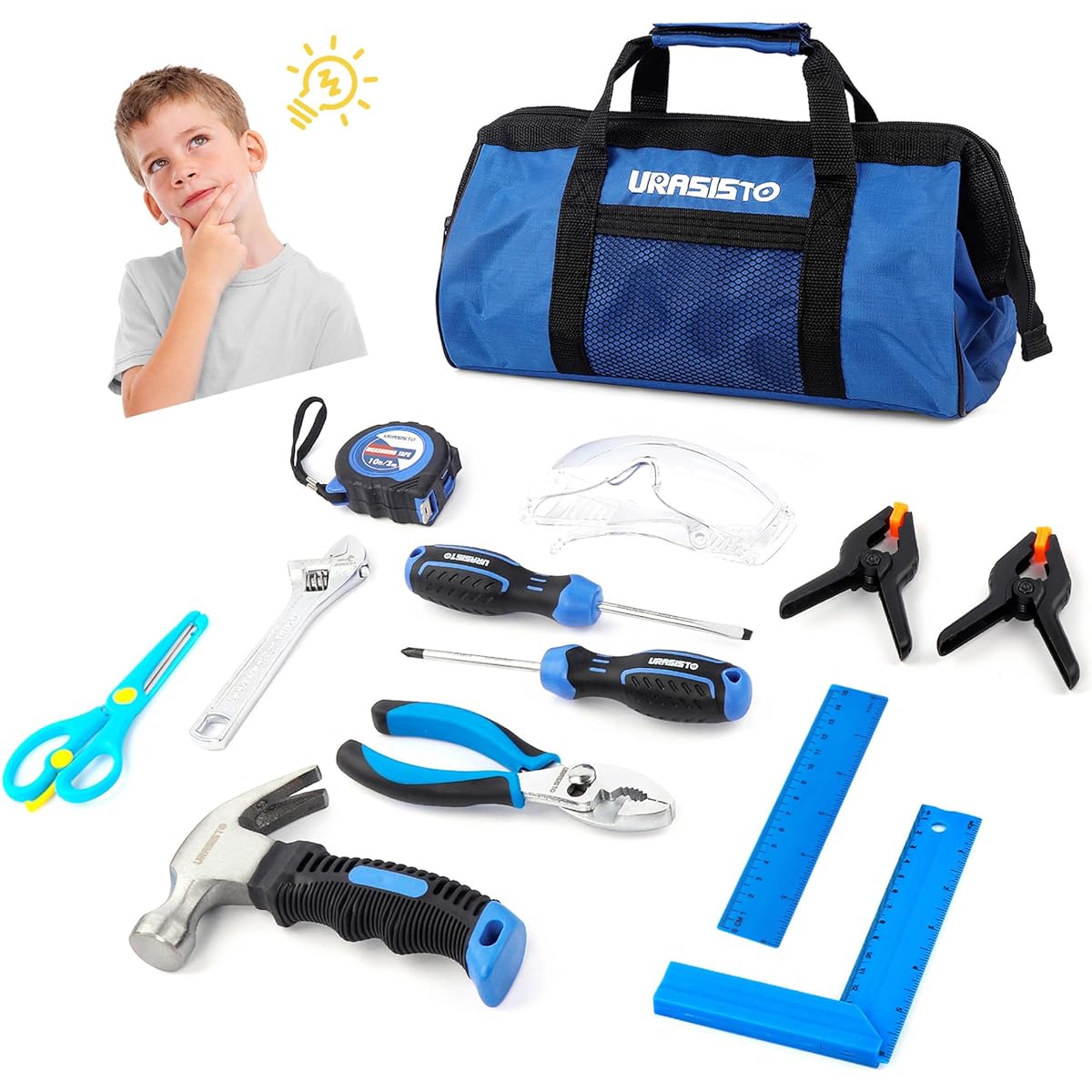 URASISTO 12-Piece Kids Tool Set with Tool Storage Bag, Junior Real Hand Tool Kit for Boys & Girls, Kids Learning Tools for DIY Building and Woodworking, Ages 8+