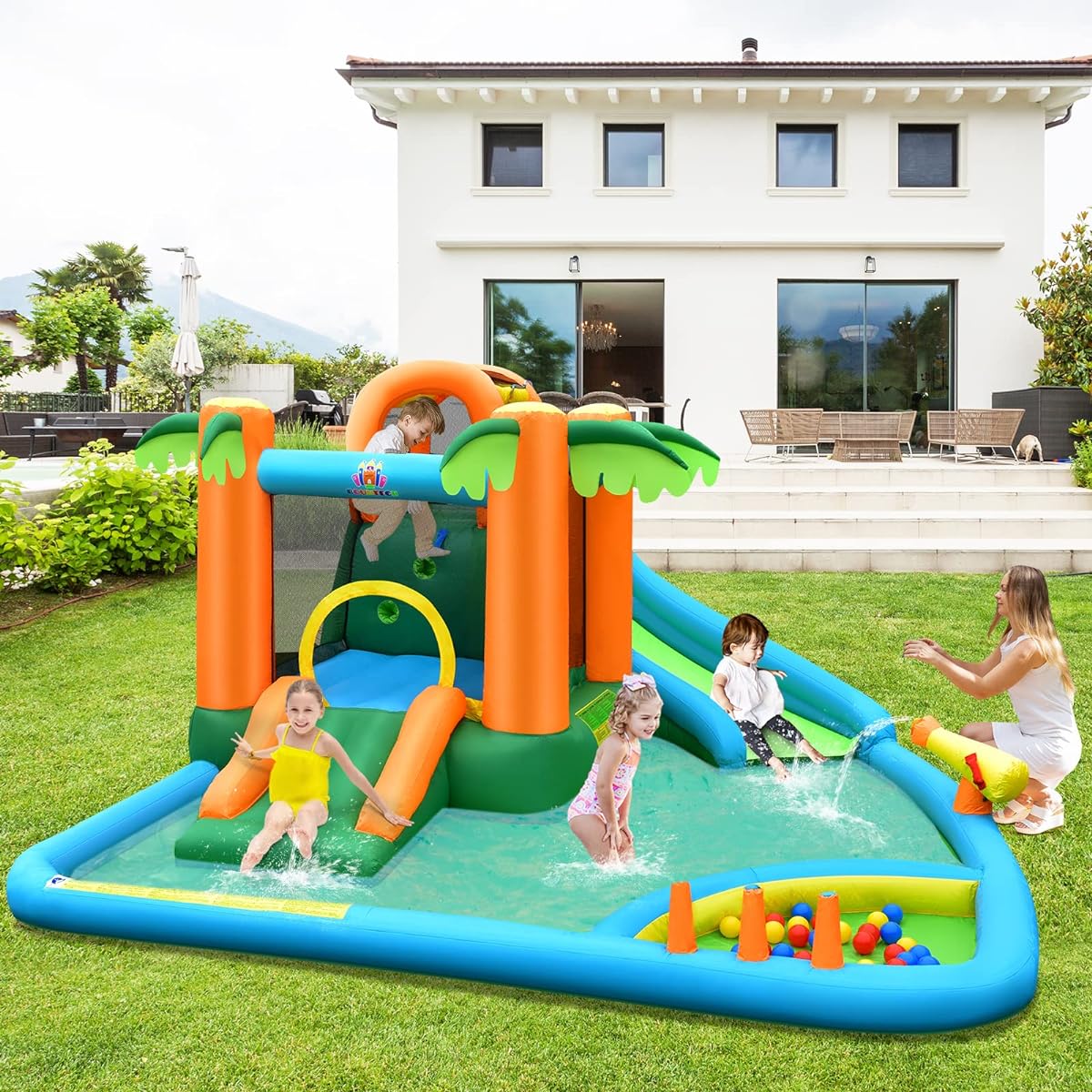 HONEY JOY Inflatable Water Slide 7-in-1 Jump Bouncer House for Kids, Large Splash Pool & Slide, Water Cannon, Ocean Ball, Jungle Theme Outdoor Blow Up Water Slide for Backyard (No Blower)