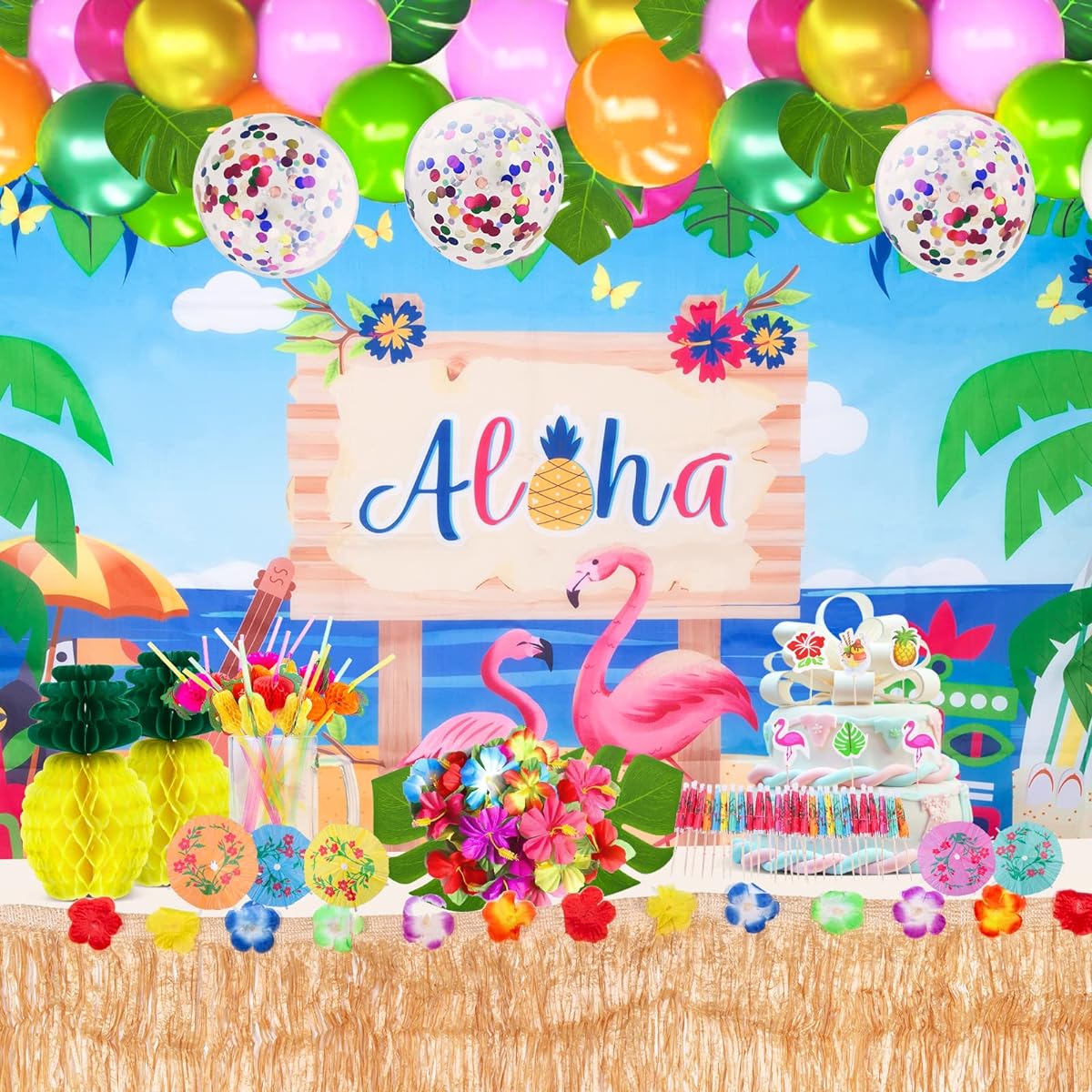 MAMPO Hawaiian Luau Party Decorations Supplies Beach Theme Party Tablecloth Balloon Set Birthday Banner Supplies Decorations