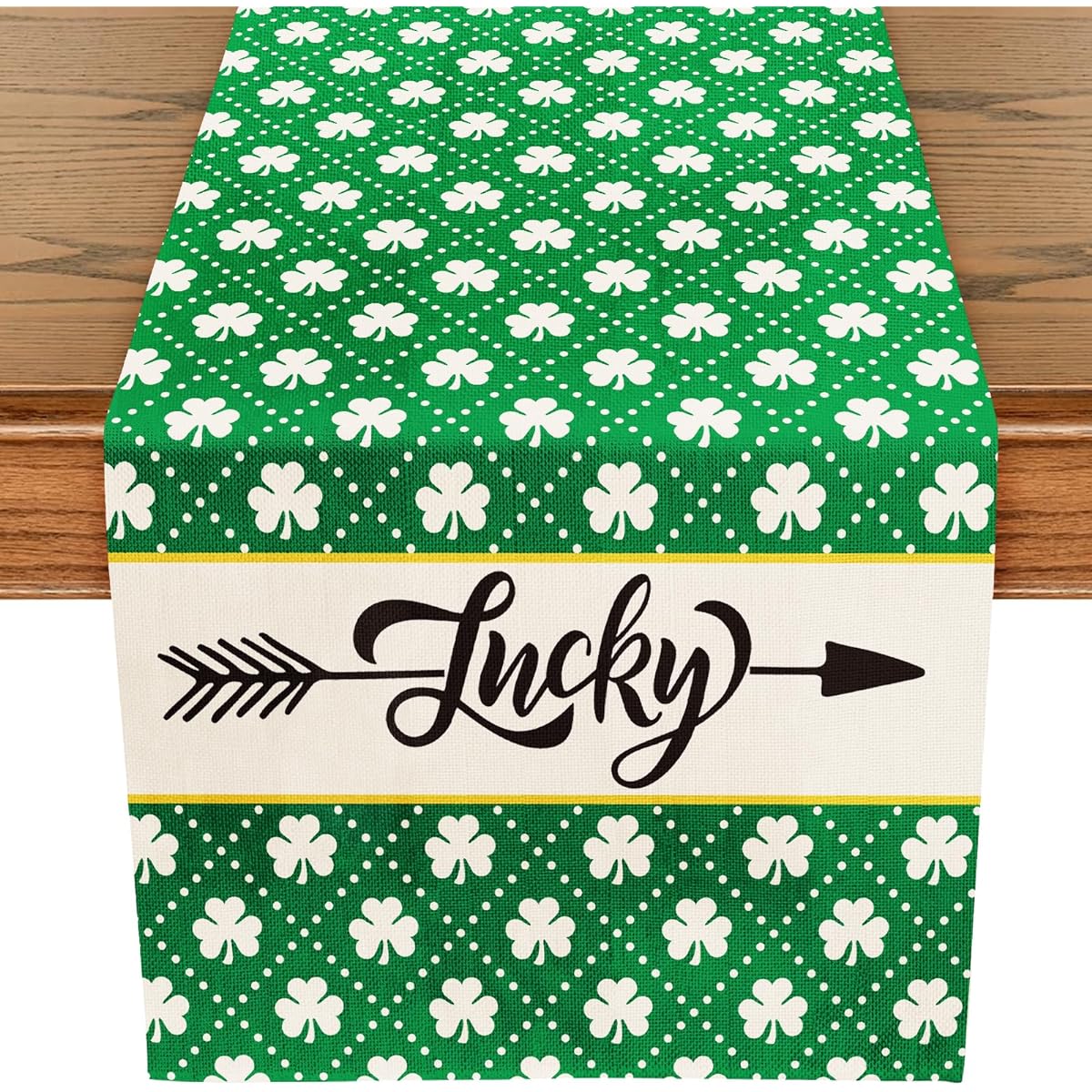 LeZakaa Shamrock Linen Table Runner Kitchen Dining Green Table Decorations for St. Patrick's Day Indoor Outdoor Home Party Decor - 13 x 72 Inch