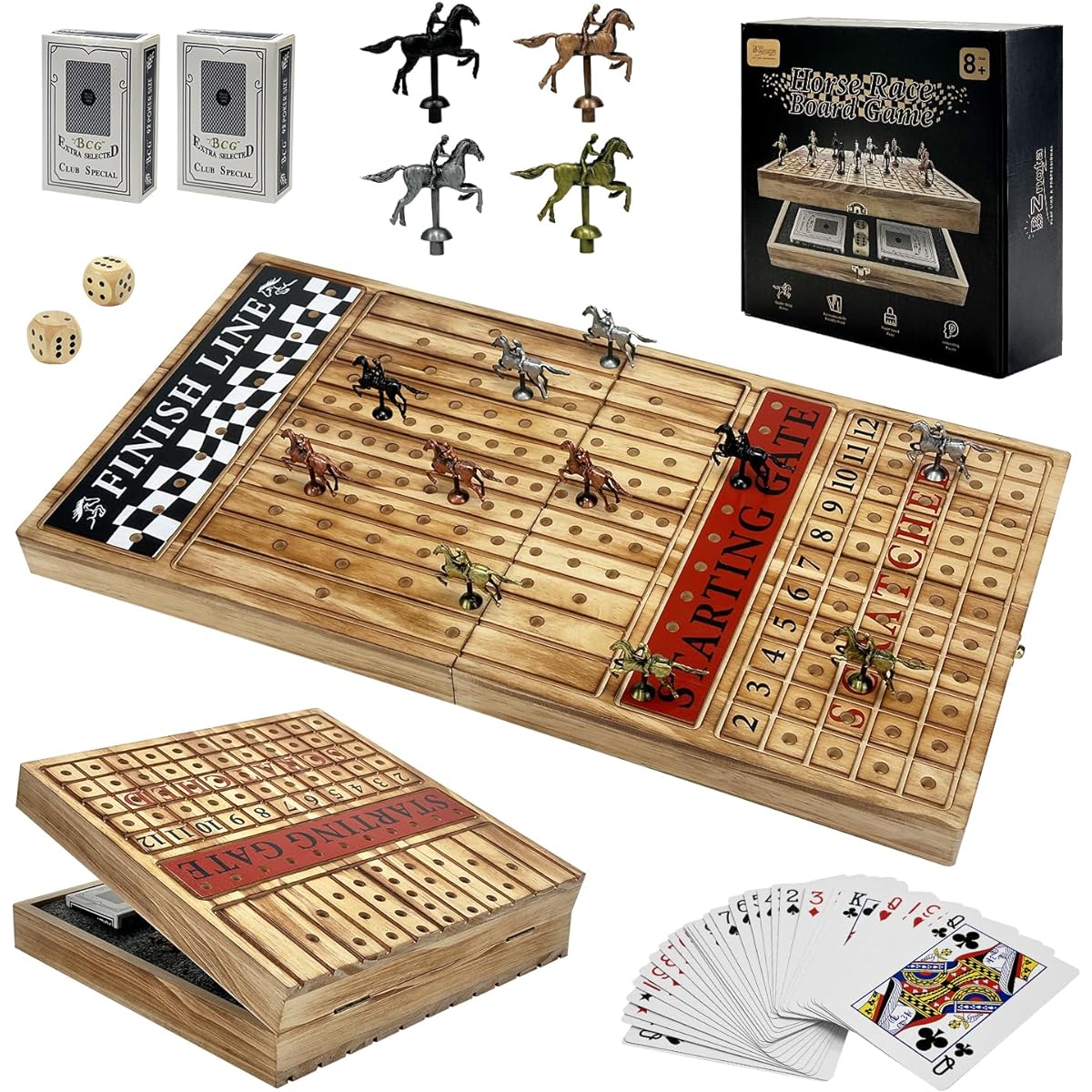 Large 23" Horse Racing Board Game with 11 Premium Metal Horses, Foldable Wooden Horse Racing Board Game with 2 Sets of Dice and 2 Boxes of Cards for Parties and Gambling