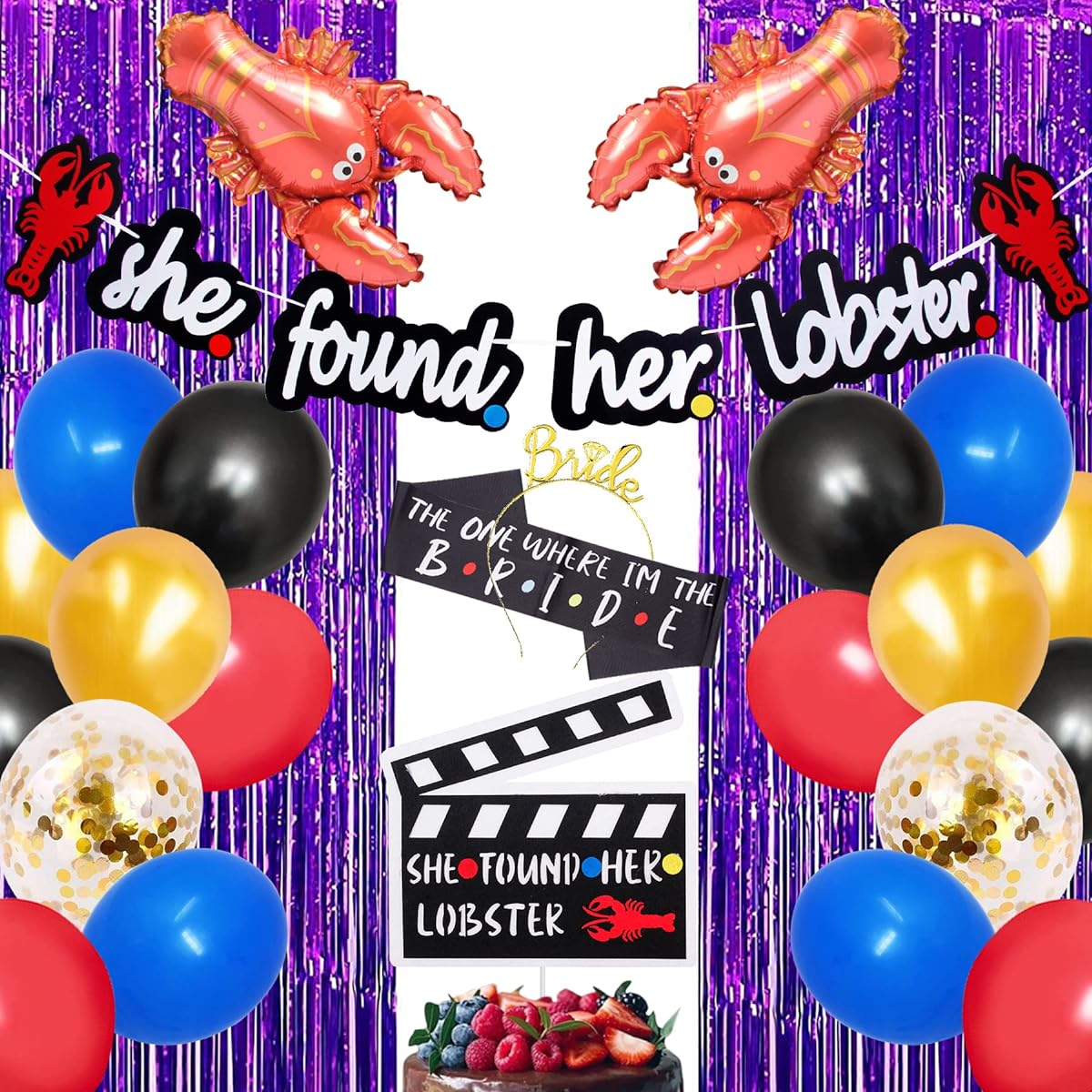 She Found Her Lobster Friends Bachelorette Party Decorations Naughty TV Show Bridal Shower Engagement Wedding Lobster Bachelorette Cake Topper Bridal Sash Tiara Purple Foil Curtain Backdrop