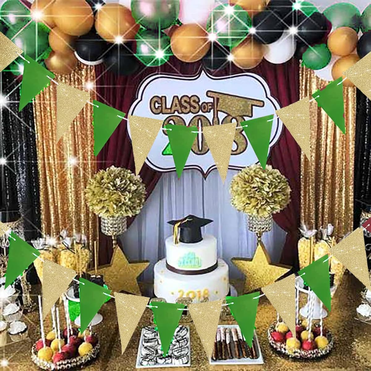 Graduation Party Decorations Green Gold 2023/Green Gold Graduation Decorations 2023/St. Patrick's Day Decorations/Birthday Party Decorations 2pcs Glitter Gold Green Triangle Banner Green Graduation