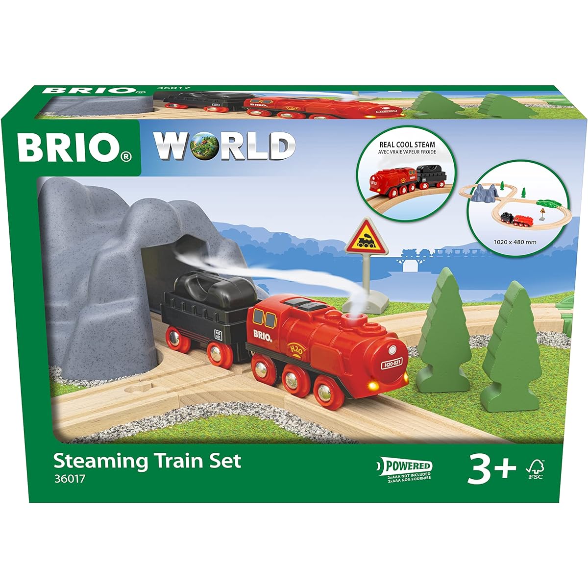 BRIO WORLD Steam Engine Train Set 36017 [24 pieces total] Ages 3 and up (Electric vehicle, train, toy, wooden, rails) Red, green, gray