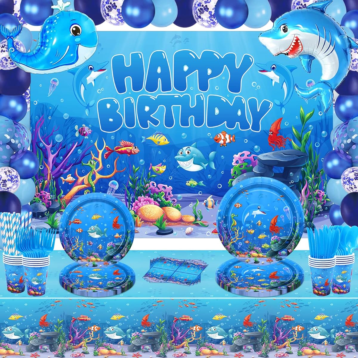 Undersea Party Decoration Ocean Waves Underwater Party Supplies Sea Animal Tableware Sea Creatures Plates Sea Animals Banner Fishing Summer Beach Pool Birthday Party Supplies (Ocean-BJB)