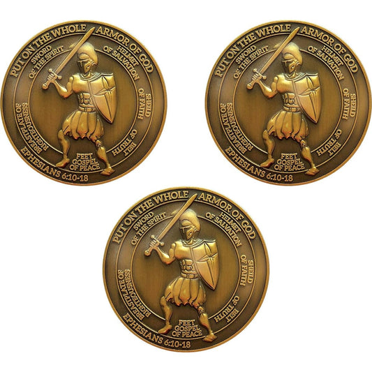 Armor of God Set of 3 Mighty Warrior Religious Challenge Coins for Teen Bible Study Unisex Ephesians 6:10-18 Christian Bible Verse Gifts