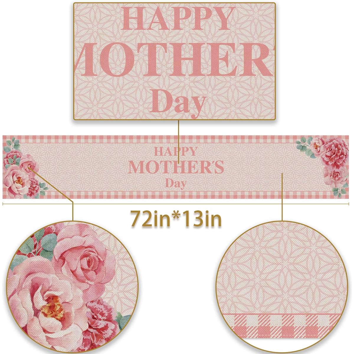 Pudodo Happy Mother's Day Table Runner Buffalo Plaid Check I Love Mom Pink Floral Farmhouse Party Kitchen Dining Home Decor