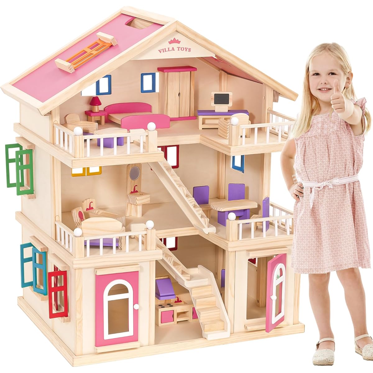 Large Wooden Dollhouse Furniture and Accessories Set, Playhouse with Accessories, Pretend Play, Gifts and Toys for 3, 4, 5, 6, 7, 8 Year Olds