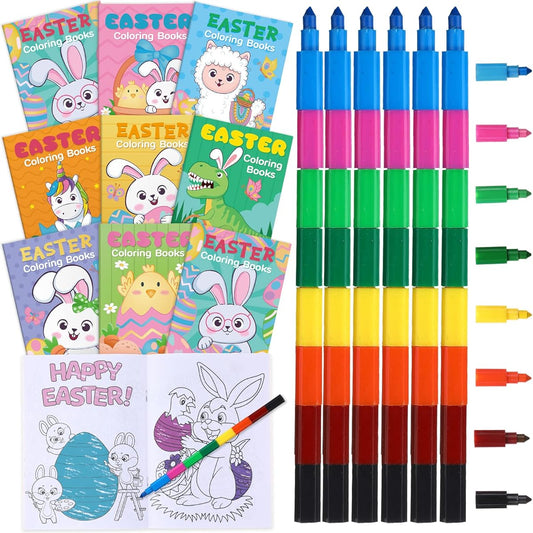 24 Easter Coloring Books with 24 Stacking Crayons for Kids Party Favors Easter Holiday Activity Book Rainbow Crayons Easter Egg Basket Stuffer Party Supplies for Kids School/Classroom Activities