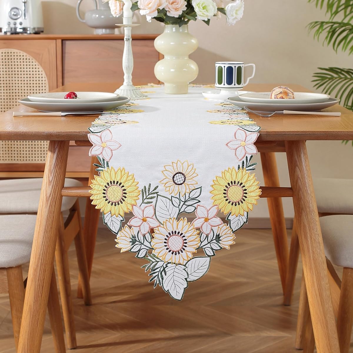 Tseidigs Embroidered Sunflower Table Runner 72" Long Hollowed Out Spring Kitchen Decor Summer Dining Table Decorations for Home