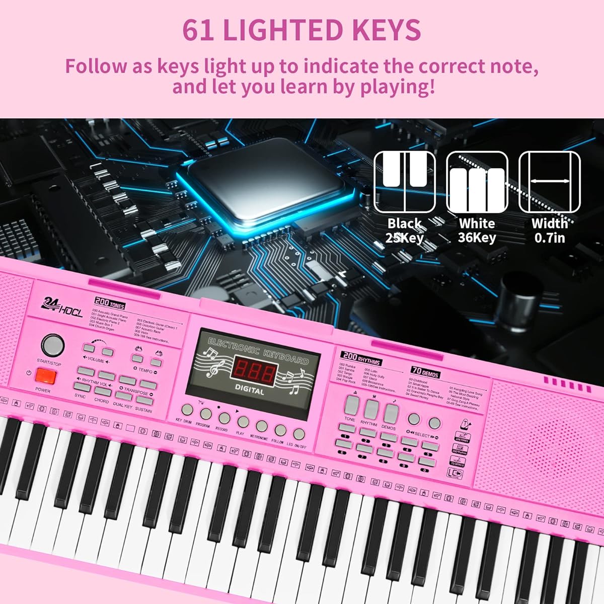 24HOCL 61 Key Premium Electric Keyboard Piano for Beginners with Built-in Stand and Dual Speakers/Microphone/Headphones/Stand/Display Panel