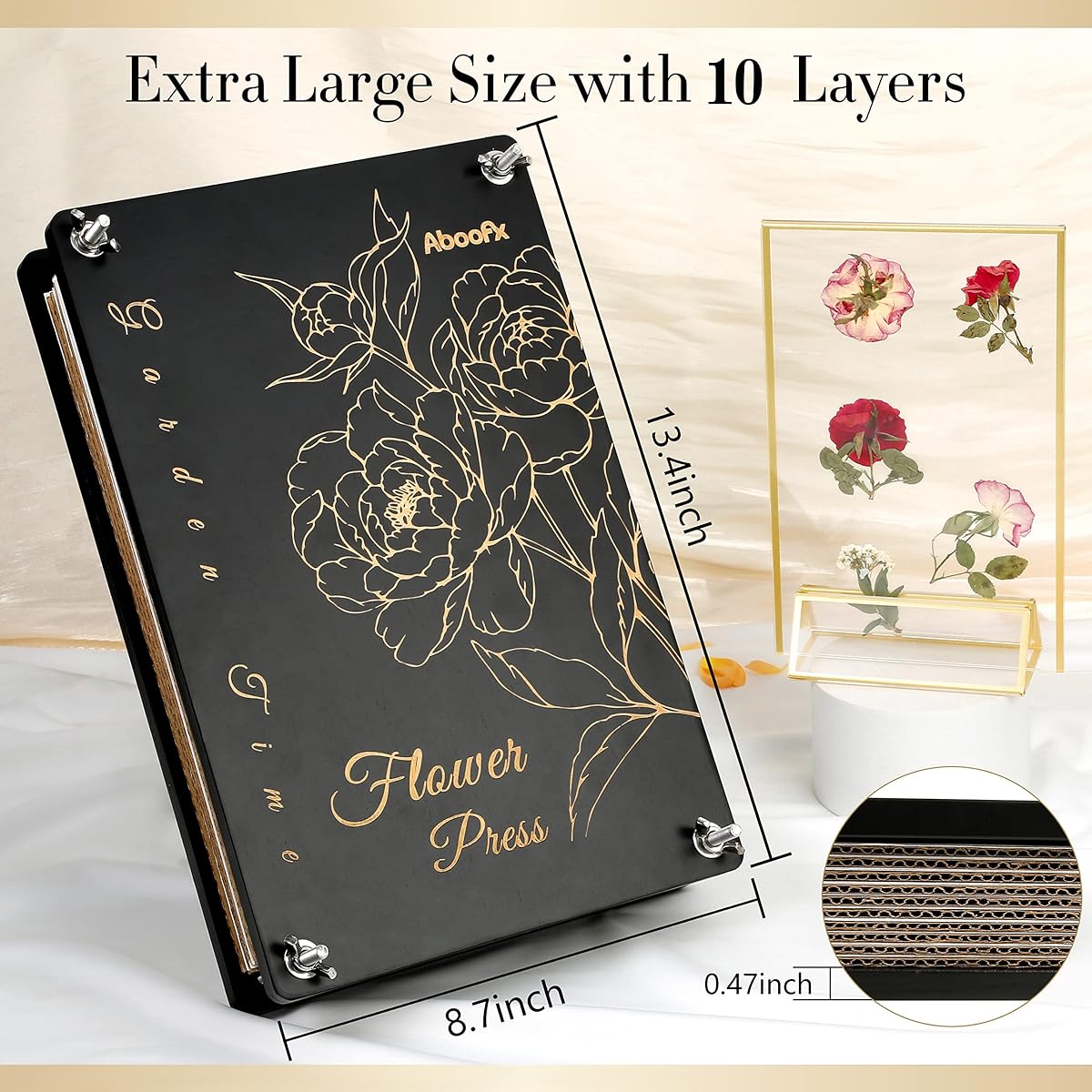 Aboofx Extra Large Flower Press 13.4" x 8.7" 10 Layer Wooden Flower Press Kit with Storage Bag, Flower Press Kit for Adults, Pressed Flower Plant Preservation Kit, DIY Art Gift
