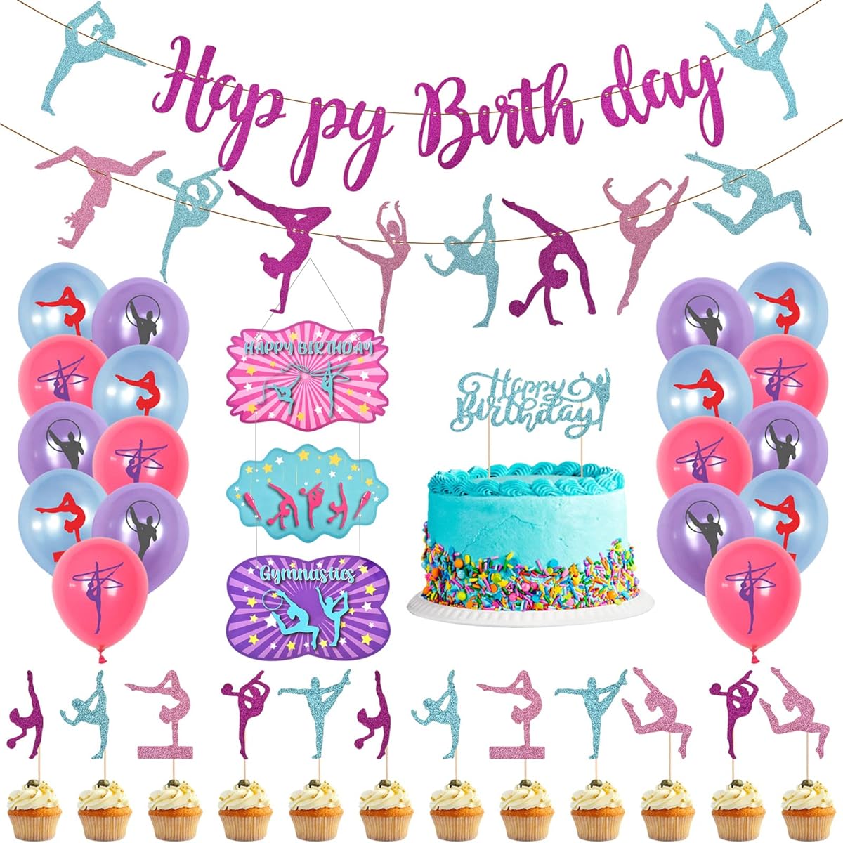 Gymnastics Birthday Party Decorations Set for Girls Gymnastics Party Supplies with Birthday Banner Gymnastics Party Latex Balloons Birthday Party Decorations