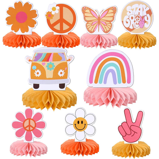 9 Piece Hippie Party Honeycomb Table Centerpiece Peace Sign Hand Butterfly Daisy Flower Bath 60s Retro Boho 2 Groovy Table Toppers Centerpiece Hippie Carnival Birthday Party Supplies