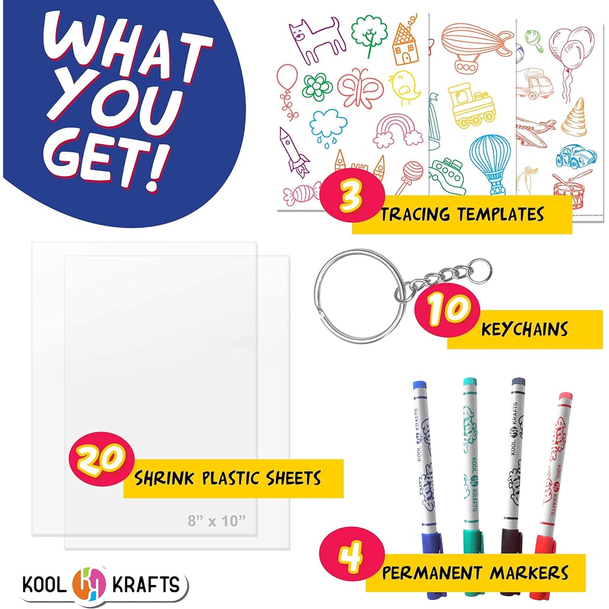 Shrink Krafts Art Craft Set - 20 Sheets of Clear Shrink Paper (Large 8" x 10"), 10 Key Chains, 36 Traceable Images, 4 Permanent Markers - Fun and Creative Shrink Charms - Easy at Home