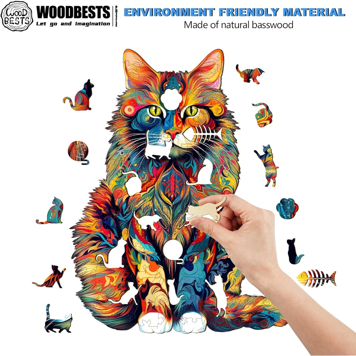 WOODBESTS Wooden Puzzles for Adults Maine Cat Puzzle (Medium, 190 Pieces, 11.75"x9.4") Beautiful Wooden Box Wooden Jigsaw Puzzle Unique Shape Birthday Gifts for Adults and Kids Family Games