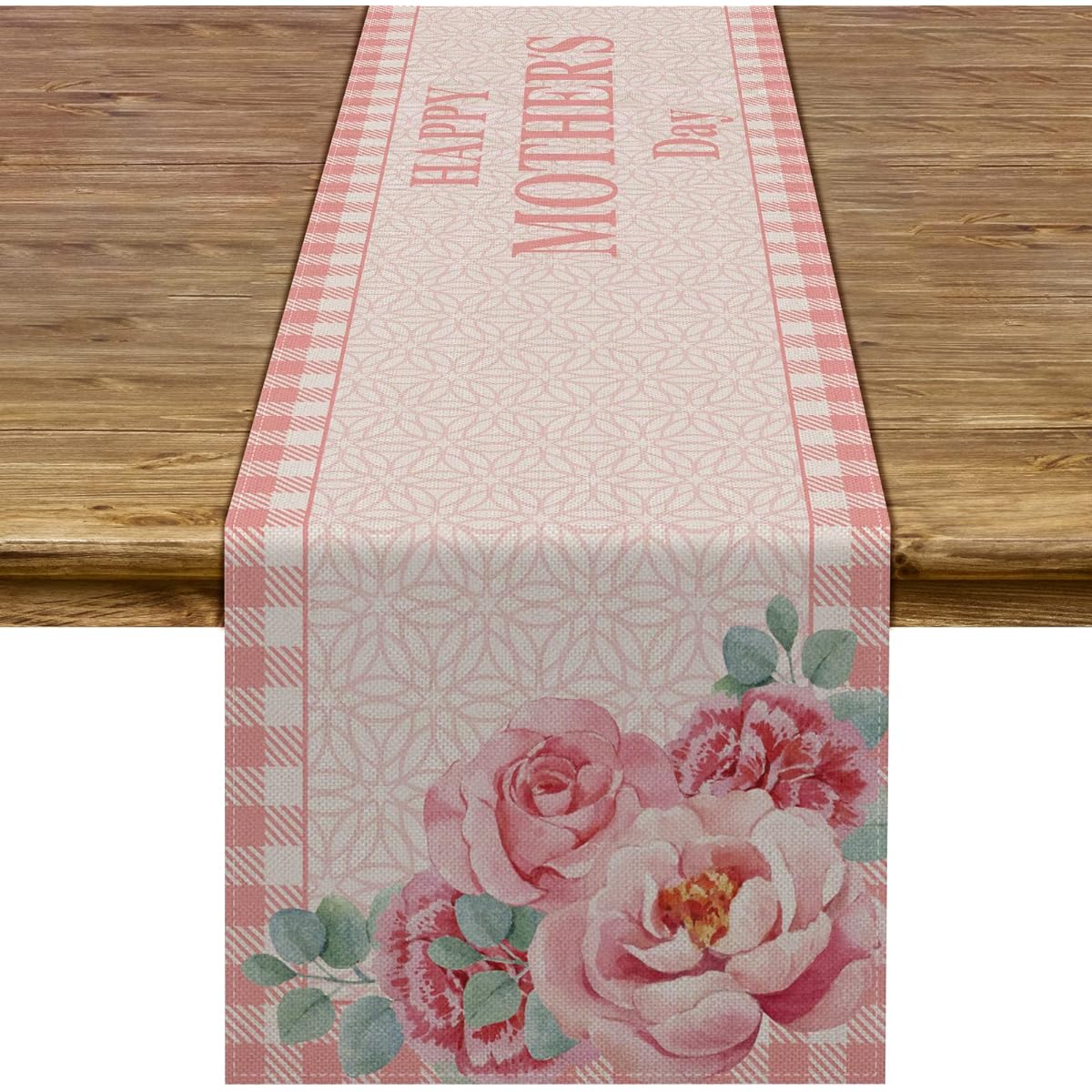 Pudodo Happy Mother's Day Table Runner Buffalo Plaid Check I Love Mom Pink Floral Farmhouse Party Kitchen Dining Home Decor
