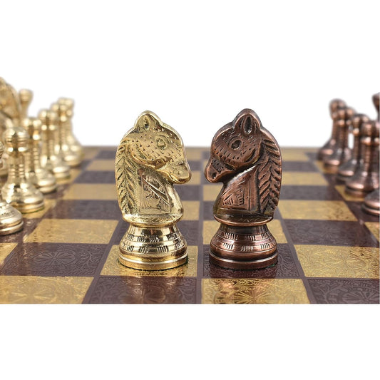 RoyalChessMall - Staunton Inspired Brass Metal Luxury Chess Pieces & Board Set - 12 - Copper & Gold