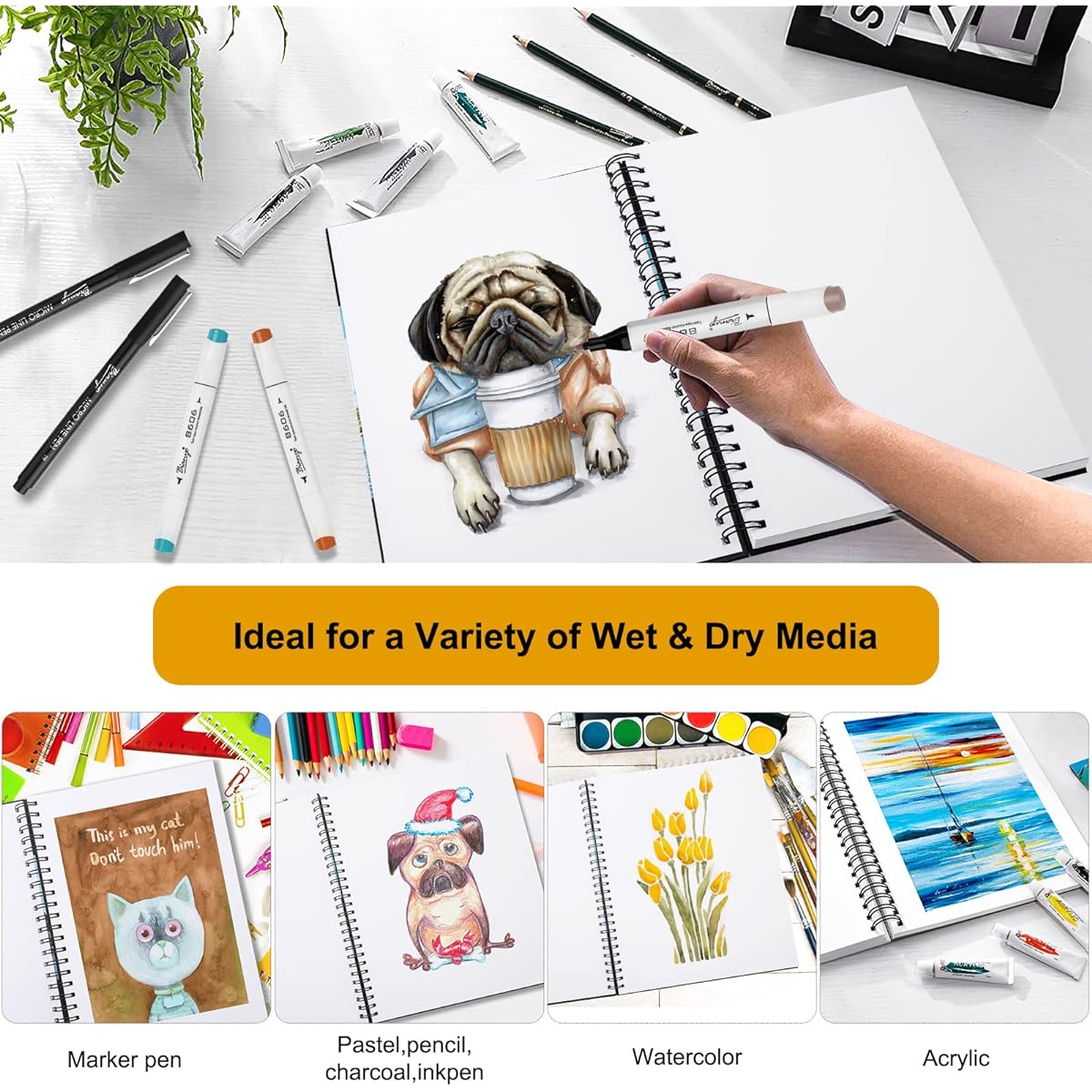 Bianyo Mixed Media Paper Pad A4 (8.25" x 11.7") 60 Sheets/Each 125lb/200GSM 2 Pad Pack Spiral Bound Pads Perfect for Wet & Dry Media Like Art Markers, Watercolor, Acrylic, Pastel, Pencil