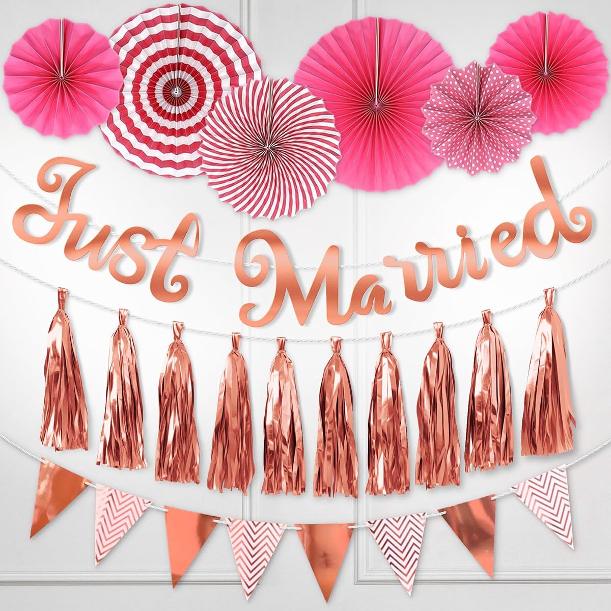 Pixipy Wedding Decoration Set (Rose Gold) Bridal Shower Decorations with Just Married Banner, 10 Party Banner Tassels, 6 Paper Fans, Wedding Reception Party Supplies