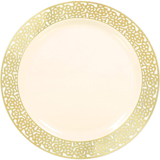 (20 pieces) - Round Plates Premium Party Tableware, 20 Pieces, Made from Plastic, Cream w/Gold Lace Border, 19cm by Amscan