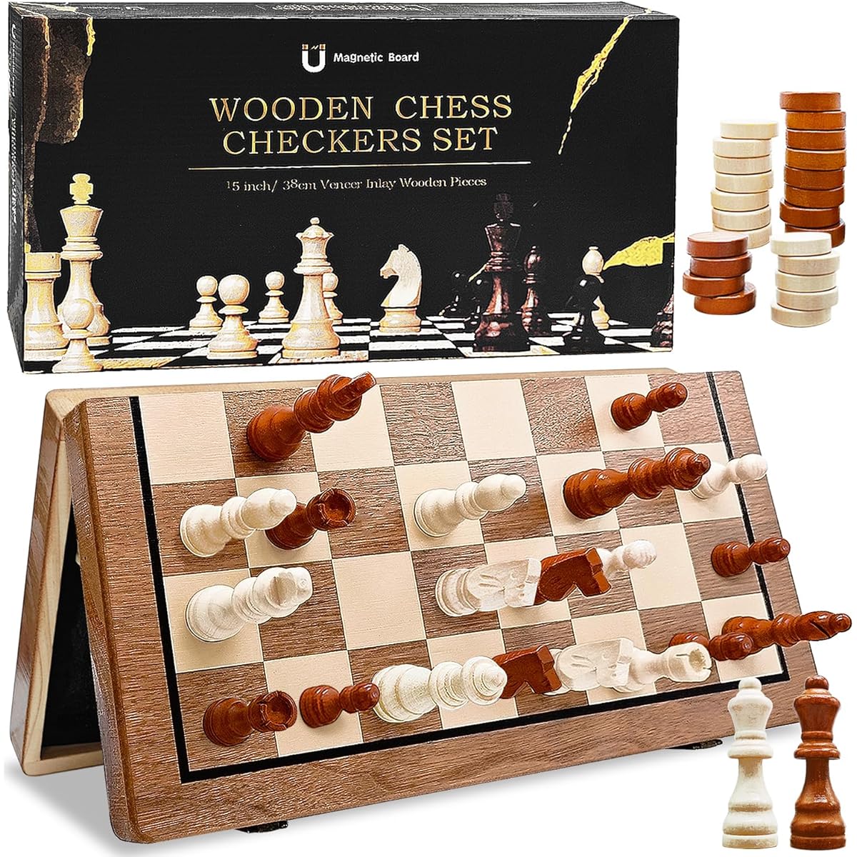 Magnetic Wooden Chess and Checkers Game Set, Portable Foldable 15" Chess Board Game, Beginner Chess Set with 2 Extra Queen Pieces for Kids, Adults, Travel