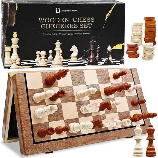 Magnetic Wooden Chess and Checkers Game Set, Portable Foldable 15" Chess Board Game, Beginner Chess Set with 2 Extra Queen Pieces for Kids, Adults, Travel