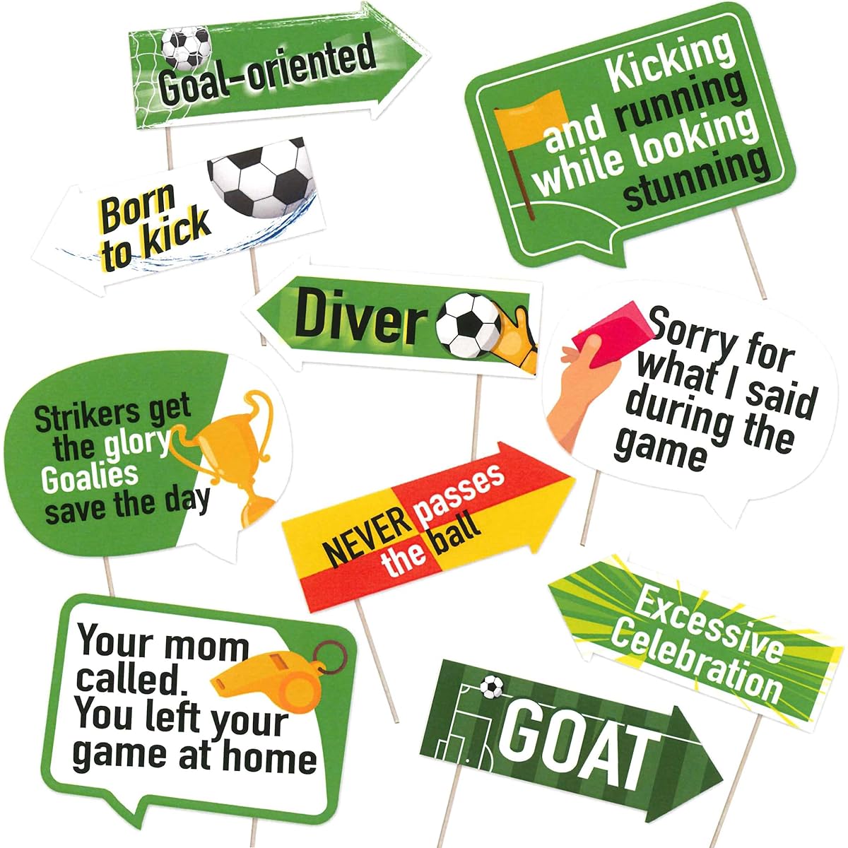 Funny Soccer Photo Booth Props - Field Goal Sports Play Game Celebration Theme Party Decorations - Green Birthday Photo Supplies - Selfie Props with Sticks - 10 Pieces