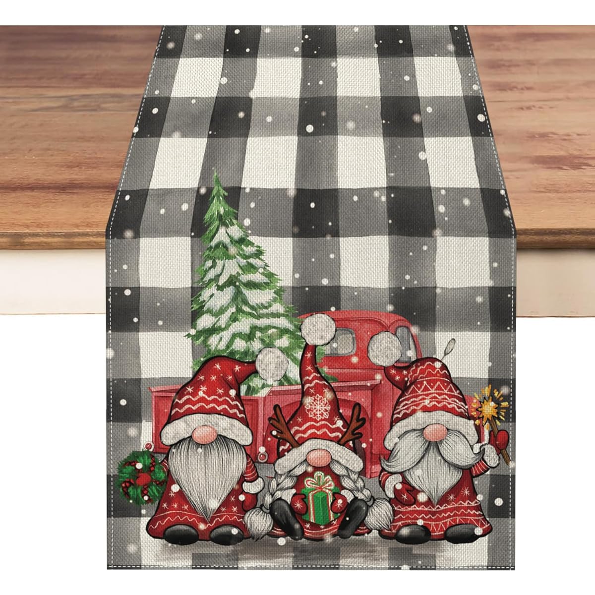 Christmas Gnome Table Runner 72" Length Winter Buffalo Plaid Gnome with Red Truck Tree Seasonal Merry Christmas Holiday Table Decoration for Christmas Kitchen Dining Party 13x72"