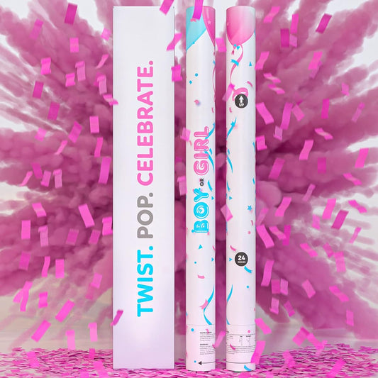 (2 Pink) Giant Gender Reveal Confetti Cannon with Holi Powder | TUR Party Supplies | 100% Biodegradable | 24 Inches | Confetti Popper Sticks for Baby Boys Girls Gender Reveal Decorations & Game Ideas
