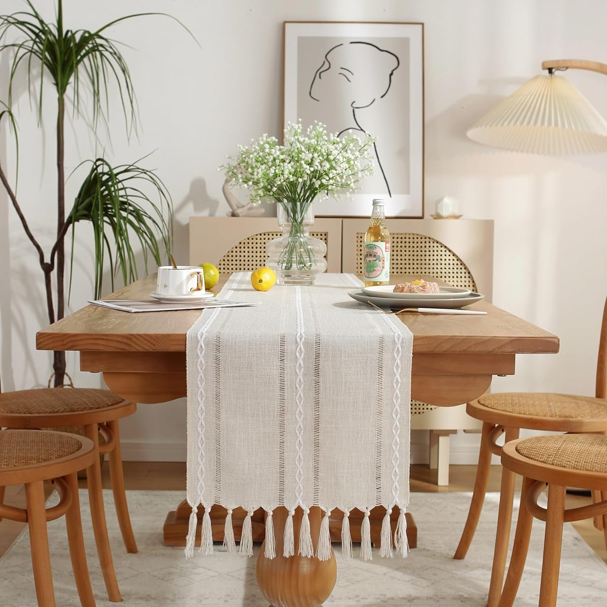 JIALE Table Runner, Rustic Farmhouse Table Runners with Tassels, Boho Cotton Linen Table Runner for Table Decorations, Holiday Party and Wedding, 108 Inches, Ivory