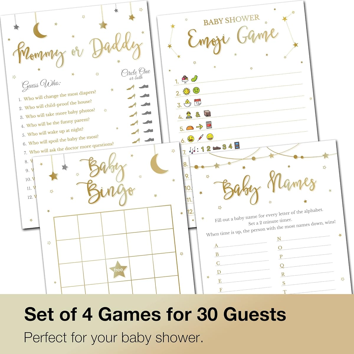 Baby Shower Games for Boys and Girls, Set of 4, 30 Guests, Double-Sided Cards, Gender Reveal Party Supplies, Gender Neutral, Gold Star Theme