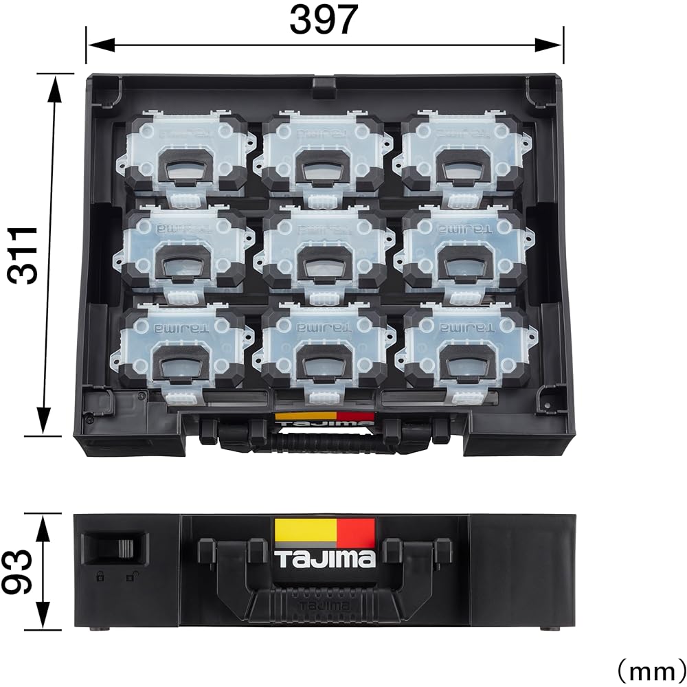 Tajima Safety System Set of 9 safety parts cases S size with tray TB-PCS9 Set of 9 safety parts cases S size and safety parts case tray (with handle) Sorting materials The parts case can also be attached to safety holders and belts Suitable Product: TB-H