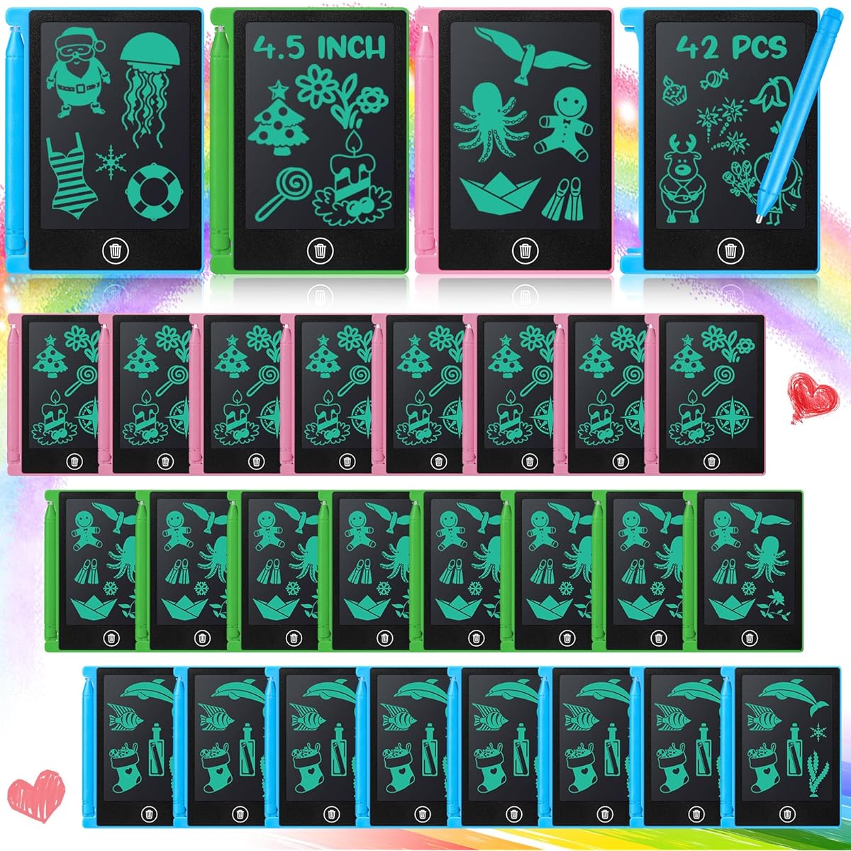 Geyoga 42 Pieces Mini LCD Writing Tablet for Kids 4.5 Inch Electronic Reusable Doodle Board Erasable Drawing Pad Toddler Educational Tool Girls Boys Birthday Favors Pink Green Blue