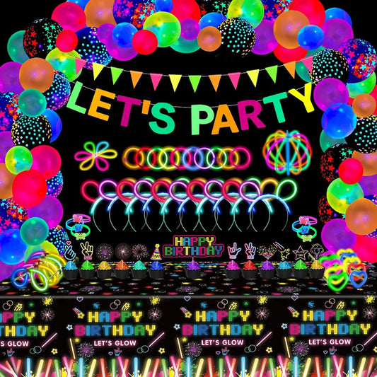 255 Pack Glow Neon Party Supplies Glow Sticks Party Decorations Black Light Reactive Decor Set Fluorescent Banner Glow in the Dark Balloons Neon Tablecloth Cake Toppers Light Up Sticks Glasses