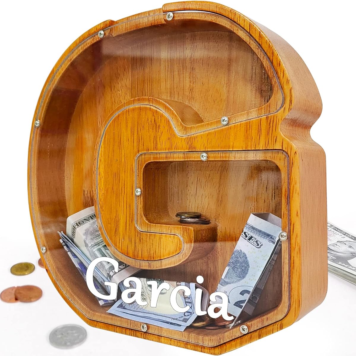 Custom Wooden Piggy Bank Creative 26 English Alphabet Letter Storage Tank Personalized Letter Coin Bank Customize Wooden Toy Piggy Bank Frame DIY Your Own Name Letter Decorative Kids Piggy Bank(G)