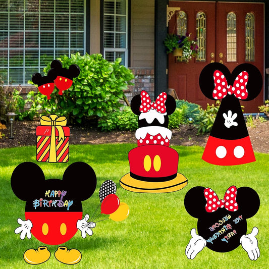 5pcs Cartoon Mouse Birthday Party Supplies Mouse Yard Sign Birthday Decorations with Stakes Mouse Outdoor Lawn Kids Party Decoration Garden Sign for Mouse Theme Birthday Party