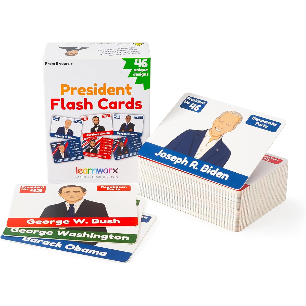 US Presidents for Kids Flash Cards – 46 President Cards – Learn American Presidents Newest Set with Joe Biden – Includes US Presidential Party and Vice President Facts – Gift – Ages 5/6/7/8/9/10