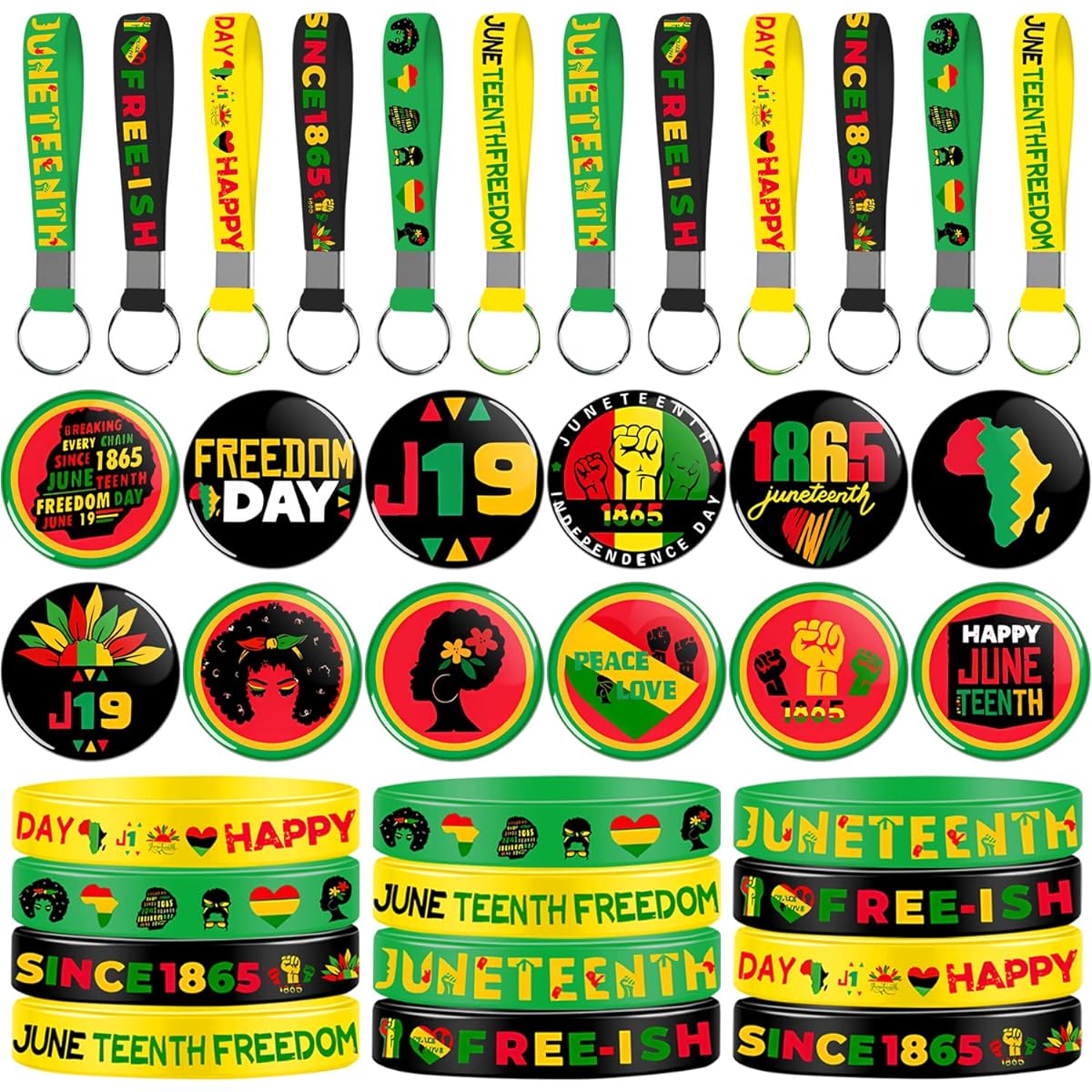 GANKTOWCOY 39 Pieces June Day Party Favors Set, 12 Bracelets, 12 Key Chains, 12 Button Pins for African American Themed Party Decorations